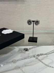 Celine black oval button silver full diamond double C earrings-3800