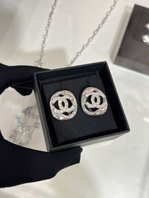 Celine silver full diamond double C hollow square earrings-3801